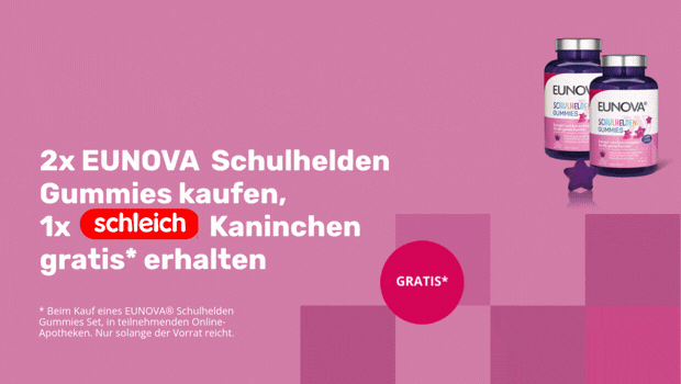 Werbebild: EUNOVA Schulhelden Gummies mit Kaninchen. Text: 2x kaufen, 1x gratis. Kaninchen-Spielzeug.
